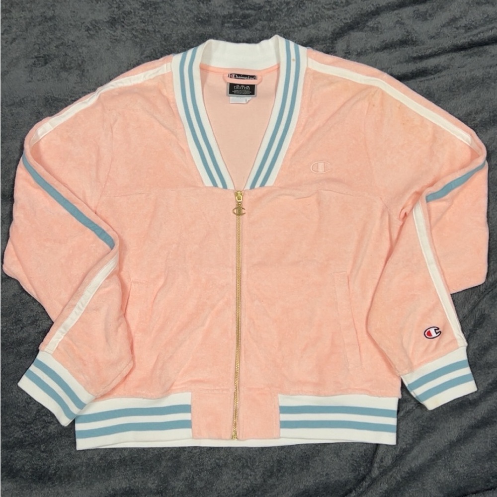 Women’s Champion Light Pink Jacket with Blue and White Stripes - size large